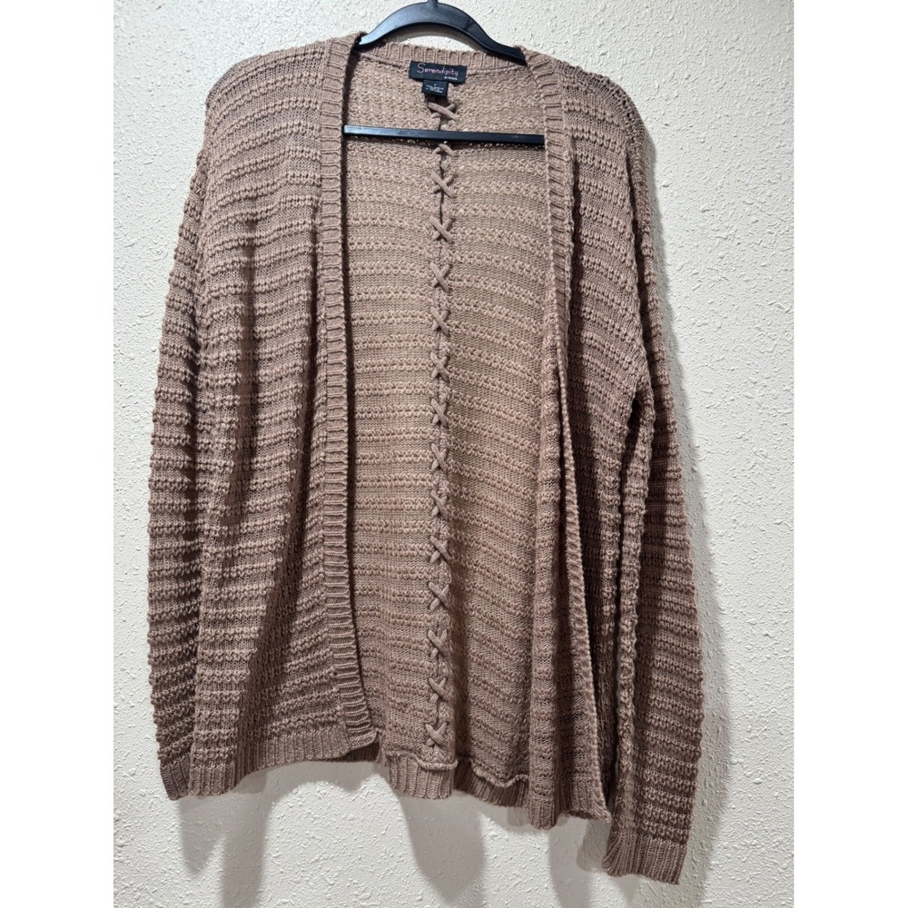 Serendipity by Victoria Brown Open Front Lace Up Back Knit Cardigan Sweater L